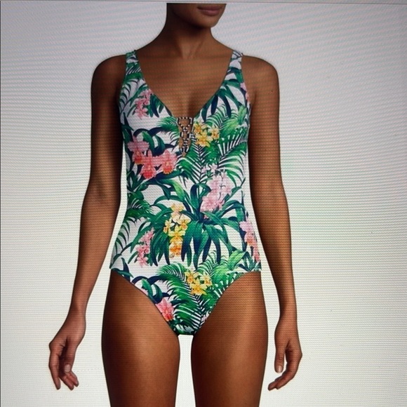 Tommy Bahama Reversible One Piece Lace Up Swimsuit Floral Stripes Size 8 - Picture 1 of 14